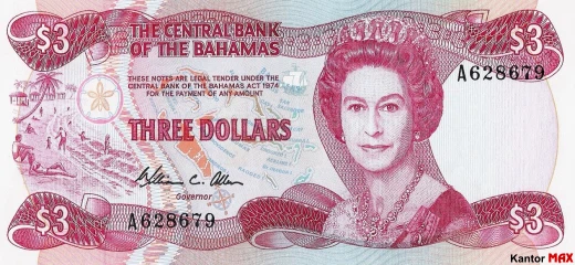 Przód banknotu 3 dolary bahamskie seria CRISP