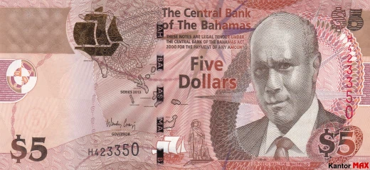 Przód banknotu 5 dolarów bahamskich seria CRISP