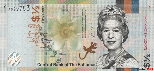Przód banknotu 50 centów bahamskich seria CRISP ewolucja