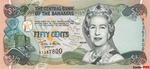Przód banknotu 50 centów bahamskich seria CRISP