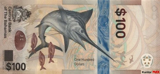 Tył banknotu 100 dolarów bahamskich seria CRISP ewolucja