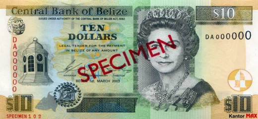 Przód banknotu 10 dolarów belizeńskich seria 2003 r.