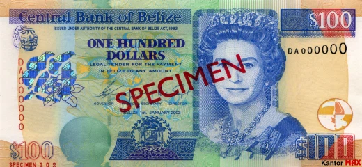Przód banknotu 100 dolarów belizeńskich seria 2003 r.