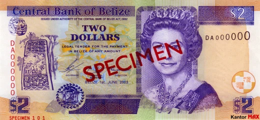 Przód banknotu 2 dolary belizeńskie seria 2003 r.