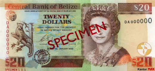 Przód banknotu 20 dolarów belizeńskich seria 2003 r.