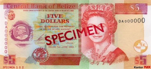 Przód banknotu 5 dolarów belizeńskich seria 2003 r.