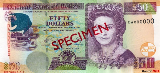 Przód banknotu 50 dolarów belizeńskich seria 2003 r.