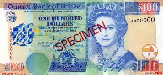 Przód banknotu 100 dolarów belizeńskich seria 1998 r.