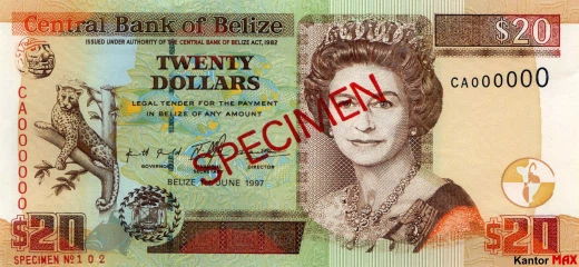 Przód banknotu 20 dolarów belizeńskich seria 1998 r.