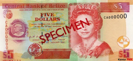 Przód banknotu 5 dolarów belizeńskich seria 1998 r.