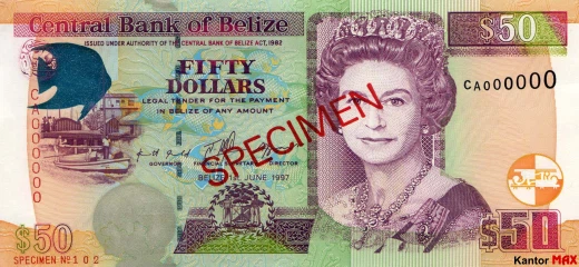 Przód banknotu 50 dolarów belizeńskich seria 1998 r.