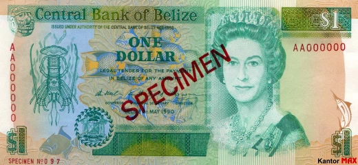 Przód banknotu 1 dolar belizeński seria 1990 r.