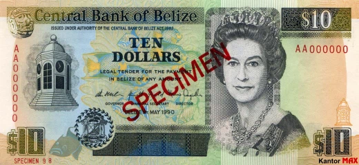 Przód banknotu 10 dolarów belizeńskich seria 1990 r.