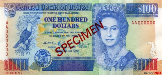 Przód banknotu 100 dolarów belizeńskich seria 1990 r.