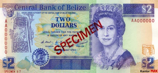 Przód banknotu 2 dolary belizeńskie seria 1990 r.