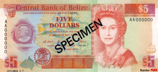 Przód banknotu 5 dolarów belizeńskich seria 1990 r.
