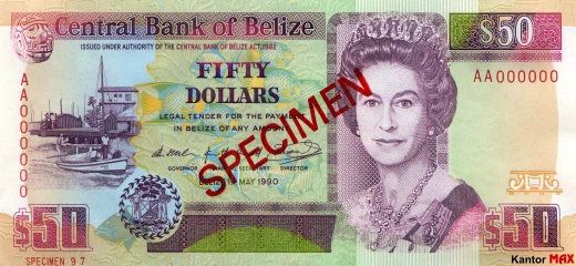 Przód banknotu 50 dolarów belizeńskich seria 1990 r.