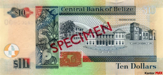 Tył banknotu 10 dolarów belizeńskich seria 2003 r.