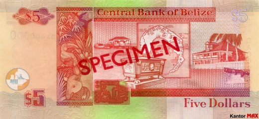 Tył banknotu 5 dolarów belizeńskich seria 2003 r.