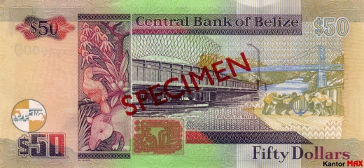 Tył banknotu 50 dolarów belizeńskich seria 2003 r.
