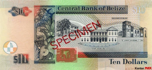 Tył banknotu 10 dolarów belizeńskich seria 1998 r.
