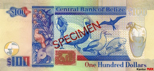 Tył banknotu 100 dolarów belizeńskich seria 1998 r.