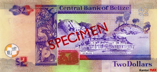 Tył banknotu 2 dolary belizeńskie seria 1998 r.