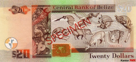 Tył banknotu 20 dolarów belizeńskich seria 1998 r.