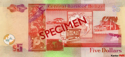 Tył banknotu 5 dolarów belizeńskich seria 1998 r.