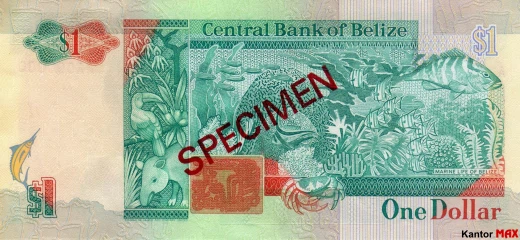 Tył banknotu 1 dolar belizeński seria 1990 r.