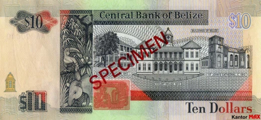 Tył banknotu 10 dolarów belizeńskich seria 1990 r.