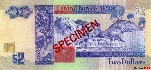 Tył banknotu 2 dolary belizeńskie seria 1990 r.