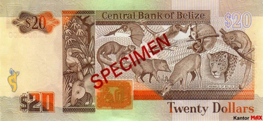 Tył banknotu 20 dolarów belizeńskich seria 1990 r.
