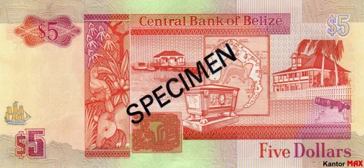 Tył banknotu 5 dolarów belizeńskich seria 1990 r.