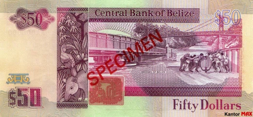 Tył banknotu 50 dolarów belizeńskich seria 1990 r.