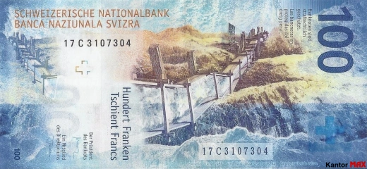 Banknot 100 franków szwajcarskich edycja 2015-2020 rok - tył