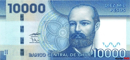 Przód banknotu 10.000 peso chilijskich edycja 2009-2021 rok