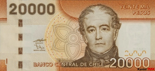 Przód banknotu 20.000 peso chilijskich edycja 2009-2020 rok