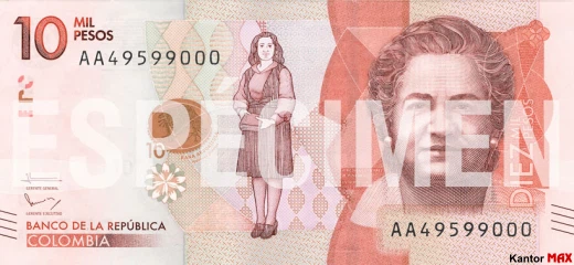 Przód banknotu 10.000 peso kolumbijskich 2016 rok