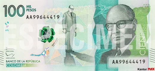 Przód banknotu 100.000 peso kolumbijskich 2016 rok