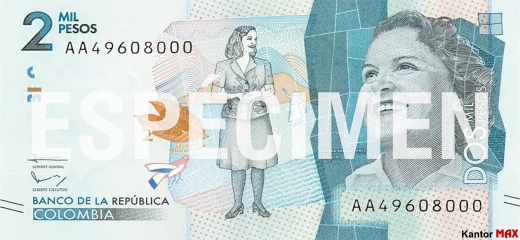 Przód banknotu 2000 peso kolumbijskich 2016 rok