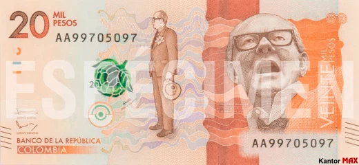Przód banknotu 20.000 peso kolumbijskich 2016 rok