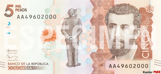 Przód banknotu 5.000 peso kolumbijskich 2016 rok