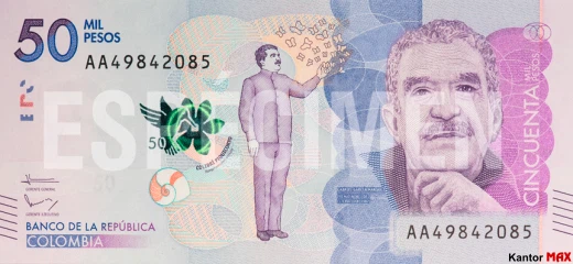 Przód banknotu 50.000 peso kolumbijskich 2016 rok