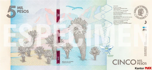 Tył banknotu 5.000 peso kolumbijskich 2016 rok