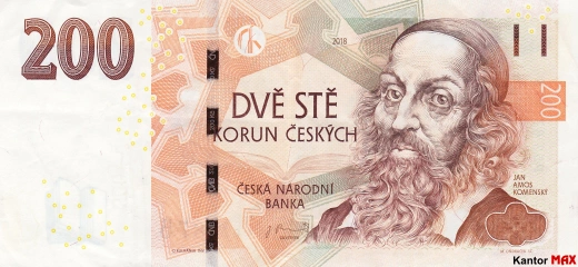 Przód banknotu 200 koron czeskich z 2018 r.