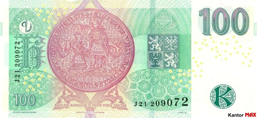 Tył banknotu 100 koron czeskich z 2018 r.