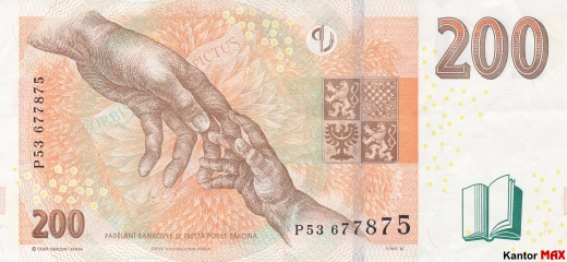 Tył banknotu 200 koron czeskich z 2018 r.