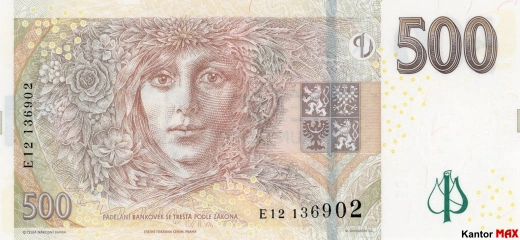 Tył banknotu 500 koron czeskich z 2009 r.