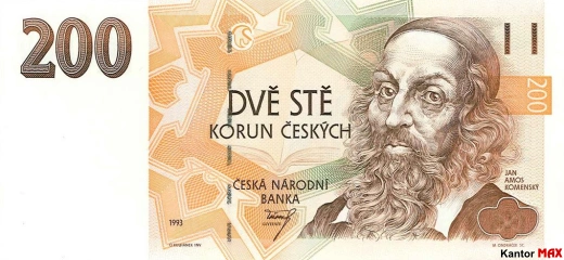 Przód wycofanego banknotu 200 koron edycja z 1993 roku.
